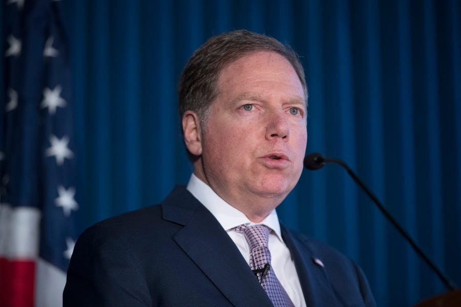 FILE - In this April 23, 2019, file photo, Geoffrey Berman, U.S. Attorney for the Southern District of New York, speaks during a news conference in New York. Berman is stepping down as the U.S. attorney for the Southern District of New York.  (AP Photo/Mary Altaffer, File)