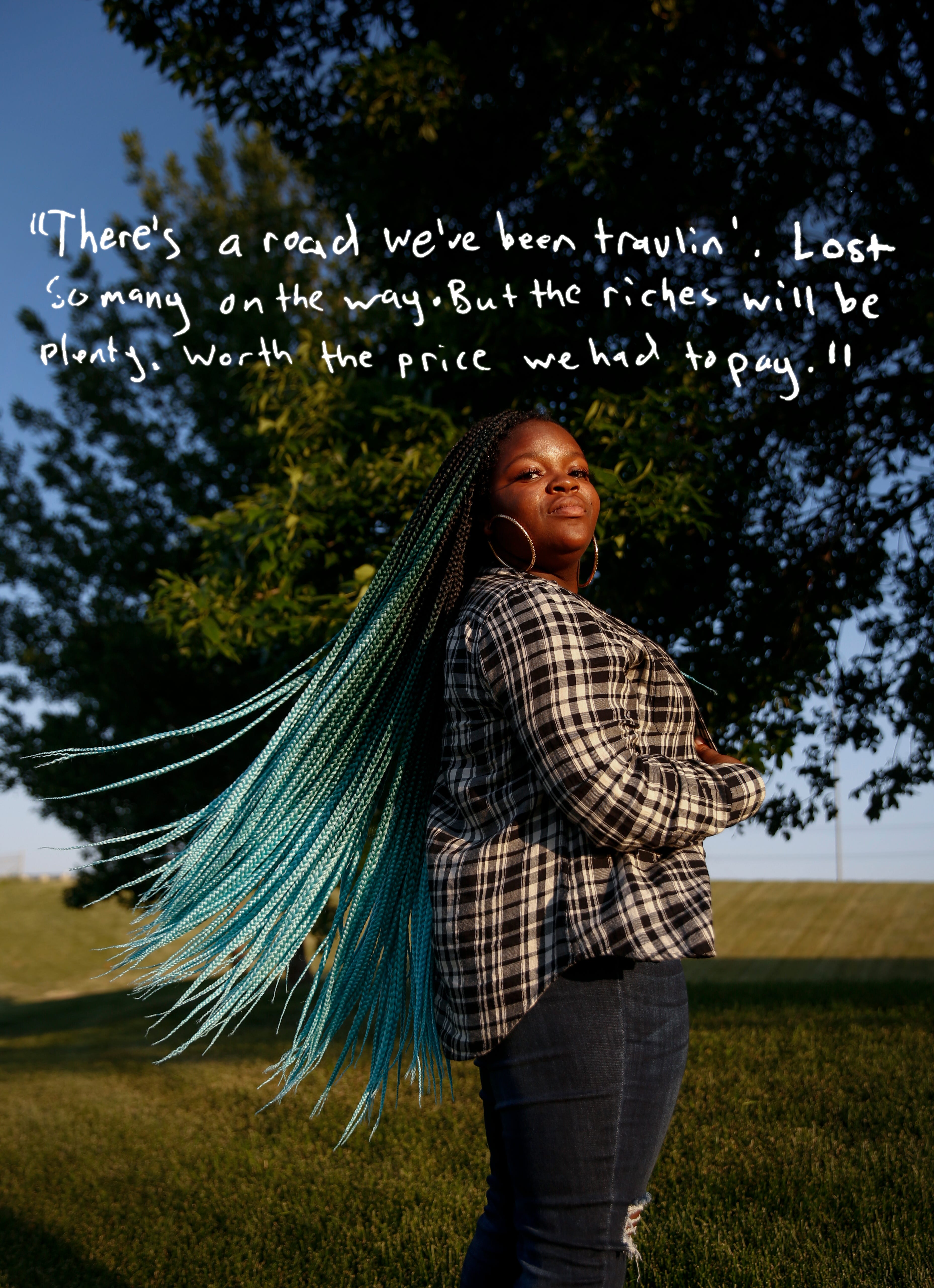 In this photo illustration, lyrics from Abby Turner's favorite song, "I Know Where I've Been," are seen over a portrait of her on Tuesday, June 16, 2020 at her home in Sioux Falls. "There's a road we've been traveling. Lost so many on the way. But the riches will be plenty. Worth the price we had to pay," Turner wrote.