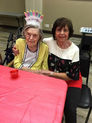 Claudine Holderness (left) and Margaret McClure pose during Holderness’ 104th birthday on Feb. 14, 2020. Holderness passed away Thursday in Carlsbad and services are pending.