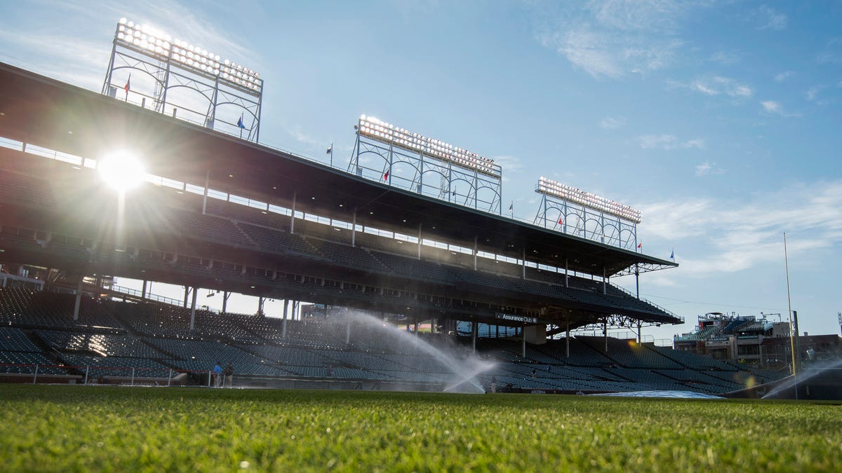 A view of Wrigley Field getting watered.