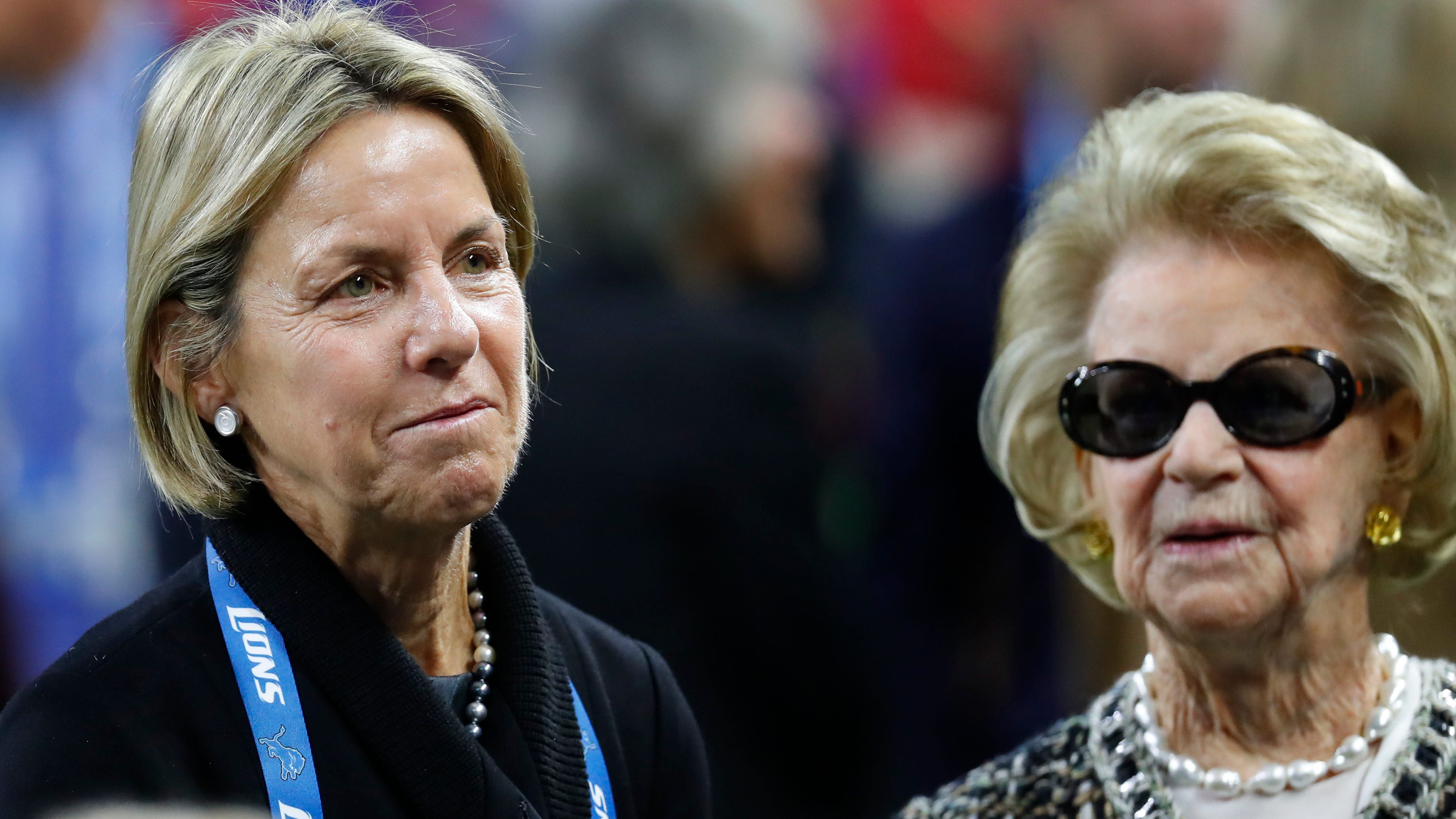 Sheila Ford Hamp, then-Detroit Lions Vice Chair, talks with Martha Ford, former owner, before a game against the Minnesota Vikings in Detroit in 2016.