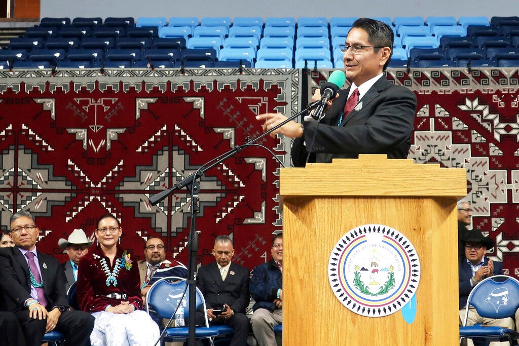 Jonathan Nez addresses a crowd after he was sworn in as president of the Navajo Nation in January 2019.