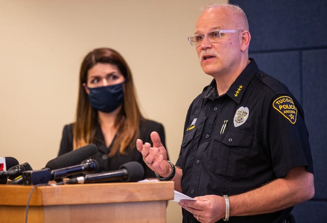 Tucson Police Chief Chris Magnus, right, and Mayor Regina Romero during a press conference on June 24, 2020 about the in-custody death of Carlos Ingram-Lopez of Tucson in April. (Photo by Josh Galemore / Arizona Daily Star)