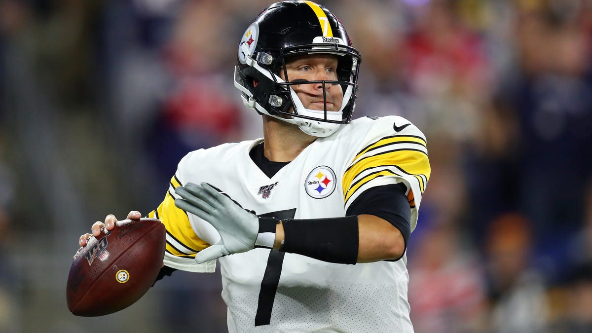 Ben Roethlisberger of the Pittsburgh Steelers looks to pass during the first half against the New England Patriots at Gillette Stadium on Sept. 8, 2019 in Foxborough, Massachusetts.