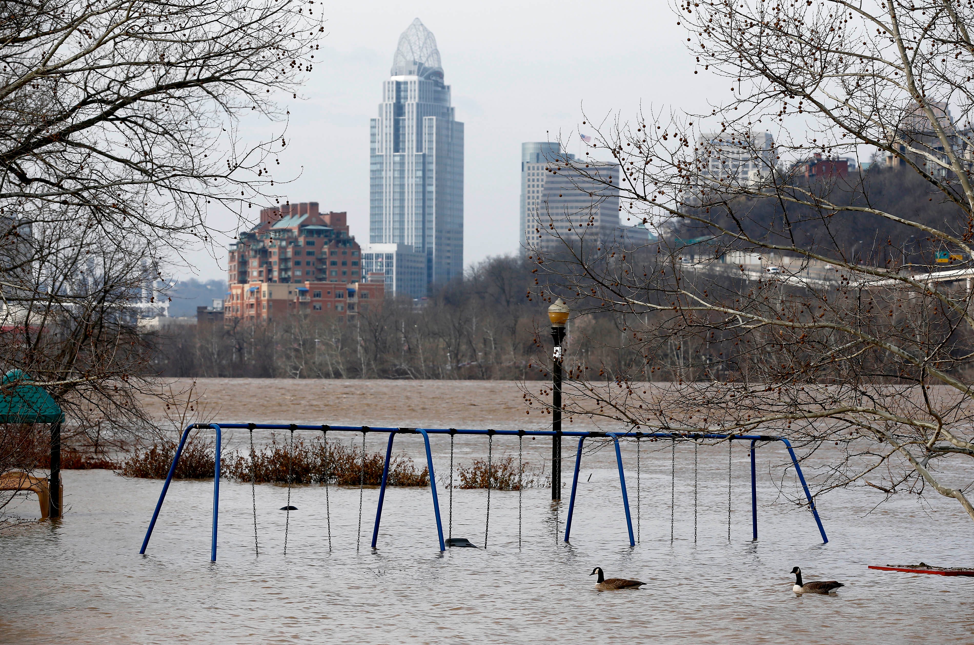 The playground at Bellevue Beach Park is surrounded by floodwaters from the Ohio River on  February 20, 2018 in Bellevue, KY.