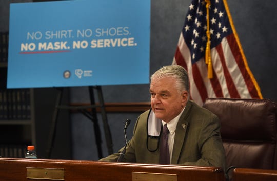 Nevada Governor Steve Sisolak speaks during a press conference in the Nevada State Legislature Building in Carson City on June 24, 2020.