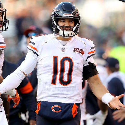 Mitchell Trubisky of the Chicago Bears reacts afte