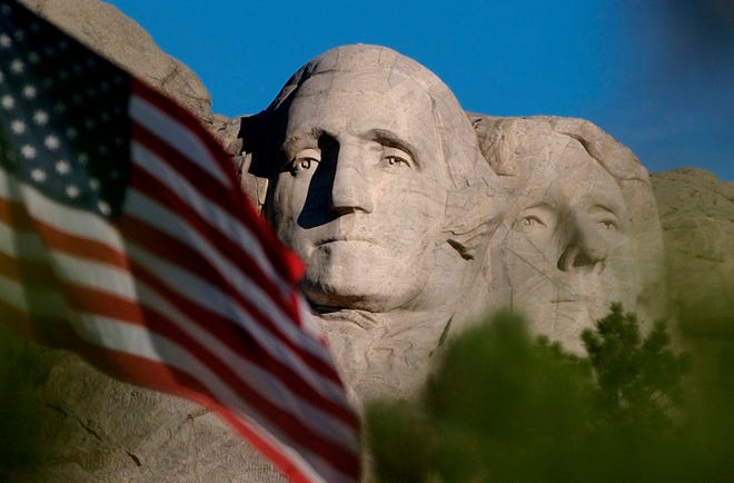 The likenesses of George Washington and Thomas Jefferson on Mount Rushmore.