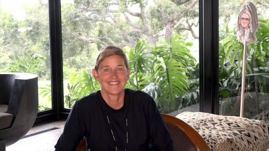 Ellen Degeneres video chats in to the 2020 Daytime Emmy Awards. She also uses this setup for the quarantined version of "The Ellen DeGeneres Show."