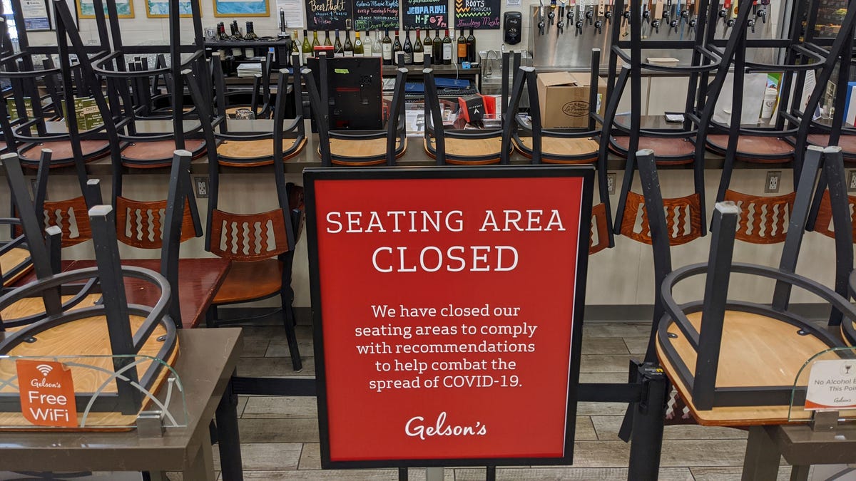 An indoors sitting bar is closed inside the Gelson's Market in Los Feliz neighborhood of Los Angeles. Gov. Gavin Newsom on Sunday, June 28, 2020, ordered bars that have opened in seven California counties to immediately close.