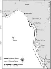 Map showing how snook are ranging farther north along Florida's Gulf Coast