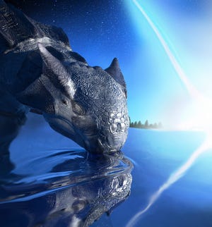 La rappresentazione di un artista di Ankylosaurus magniventris, un grande tipo di dinosauro corazzato, testimonia l'impatto di un asteroide sulla penisola dello Yucatan 66 milioni di anni fa.