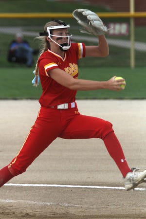 Carlisle junior Lexxi Link delivers a pitch in the first inning. Carlisle lost at home 2-0 to Fort Dodge on June 30, 2020  in a clash between the Class 4A top-ranked Wildcats and the Class 5A top-ranked Dodgers.