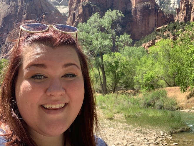 National Parks Reporter K. Sophie Will on a hike through Court of the Patriarchs in Zion National Park on May 25, 2020.