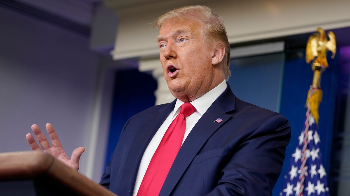 President Donald Trump speaks during a news briefing at the White House on Thursday, July 2, 2020, in Washington.
