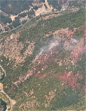 This helicopter photo shows the Flat Fire burning in Trinity County near Burnt Ranch on Thursday, July 2, 2020.