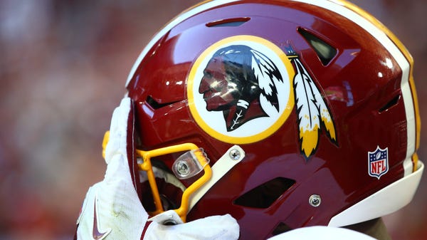 Detailed view of a Washington Redskins logo on a h