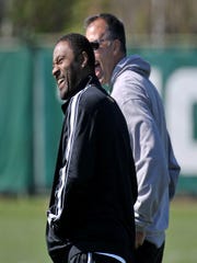 Former Michigan State wide receiver Andre Rison, shown here at an MSU practice in 2012, told ESPN he was struck by an MSU assistant coach in 1986.