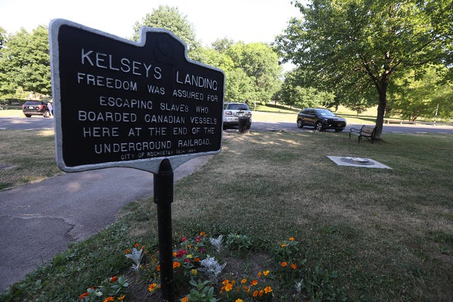 The statue of Frederick Douglass was found vandalized in Maplewood Park in Rochester, NY over the July 4 weekend.  Rochester police found the statue leaning against a nearby fence.  All that remains on Monday, July 6 2020 is the base with the outline of  the feet of the statue.  This site also includes Kelsey's Landing, a part of the Underground Railroad, where Douglass, Harriet Tubman ad others helped slaves get to freedom via the Genesee River located below adjacent gorge.