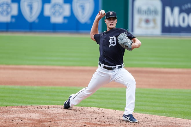 Detroit Tigers pitcher Matt Manning throws a pitch during summer camp at Comerica Park in Detroit, Tuesday, July 7, 2020.