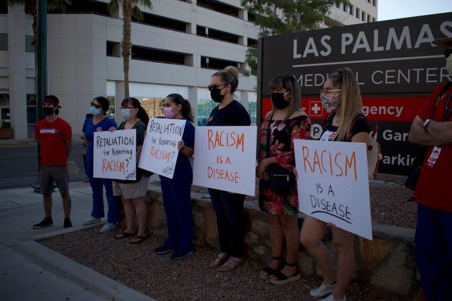 Nurses at Las Palmas Medical Center stand together Wednesday, July 8, 2020, to demand that the hospital administration adopt a policy of zero tolerance to racism.