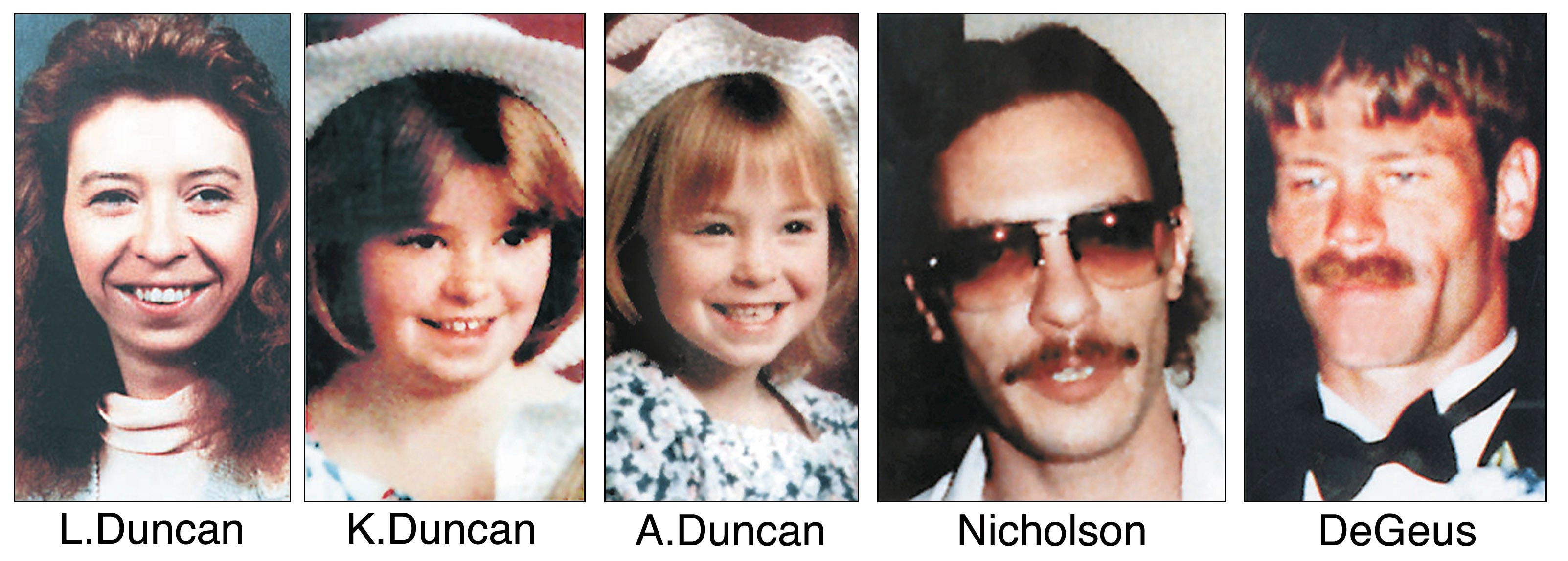 Lori Ann Duncan, her daughters Kandi and Amber Duncan, Greg Nicholson and Terry DeGeus are shown in a undated file photos.