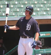 Tigers third baseman Spencer Torkelson waits to bat during the intrasquad scrimmage Thursday, July 9, 2020, at Comerica Park.