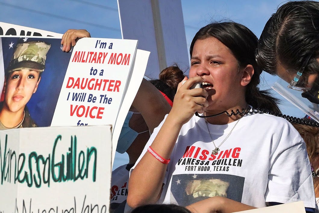 Lupe Guillen, younger sister of Pfc. Vanessa Guillen, screams for justice during a protest outside Fort Hood on June 12.