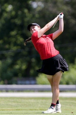Halie Wolf tees off on hole 18 during the 2020 Greater Lafayette Women's City Tournament, Sunday, July 12, 2020 at West Lafayette Golf and Country Club in West Lafayette.