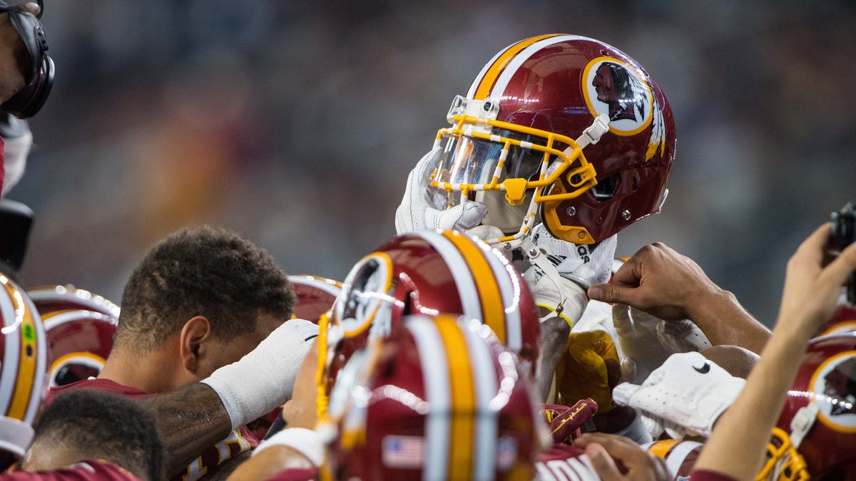 A view of a Washington Redskins helmet before the game between the Dallas Cowboys and Washington Redskins at AT&T Stadium.
