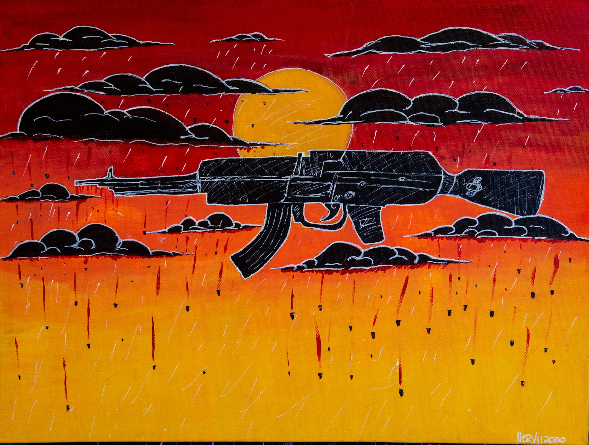 The Advertiser partnered with artists through King's Canvas studio in Montgomery to create artwork that illustrates the impact of violence on their communities. 

"Stray Bullet Rain" by Kyzetta Kelly. Artist statement: "Celebratory gun shots in the sky often ends in a dirge."