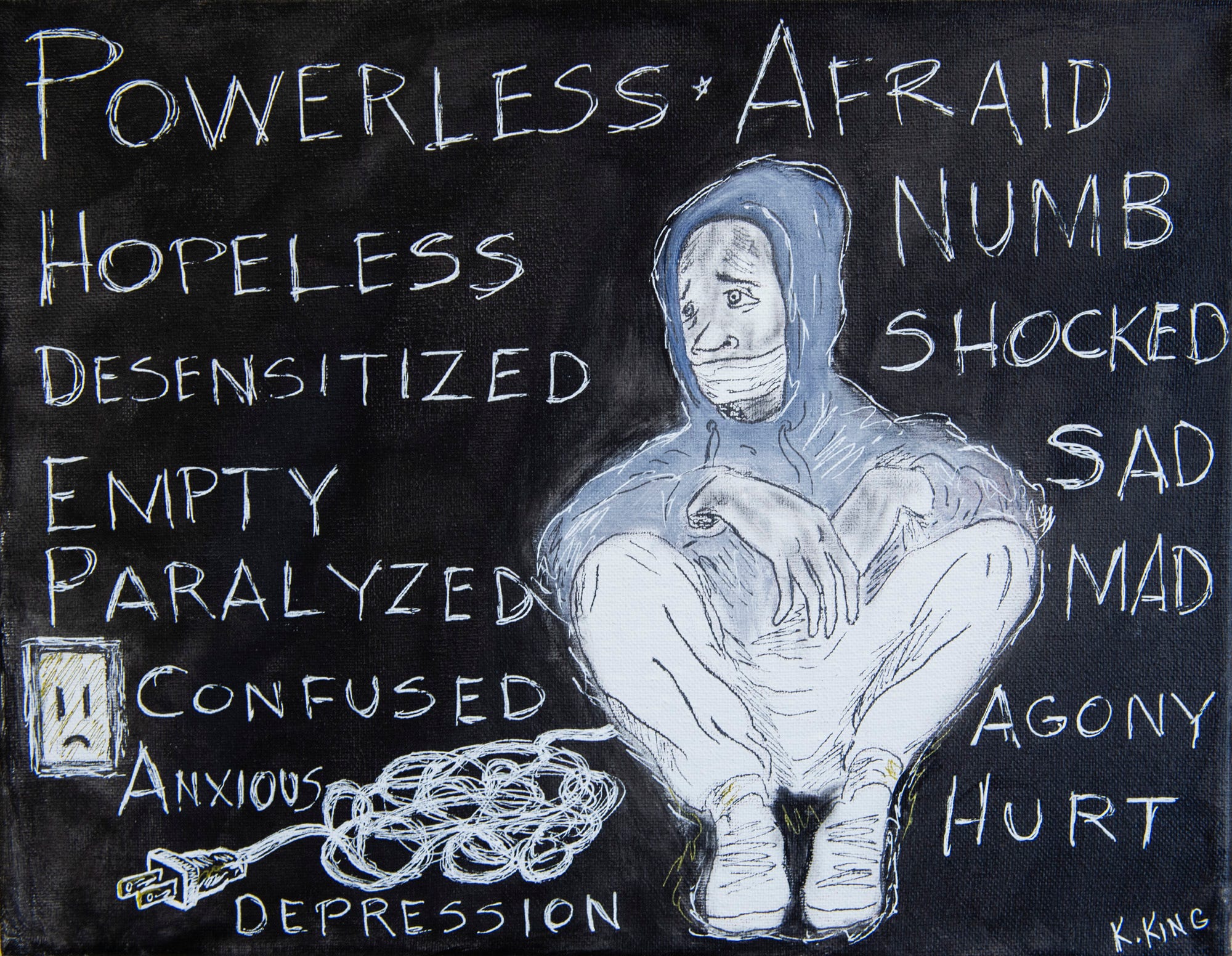 The Advertiser partnered with local artists through King's Canvas studio to create artwork that illustrates the impact of violence on their communities. 

"Unplugged" by Kevin King. Artist statement: "When people that I’m close with are killed, a deep sense of despair overtakes me ... Because of my lack of power I feel disconnected and unplugged from people and unplugged from life itself."