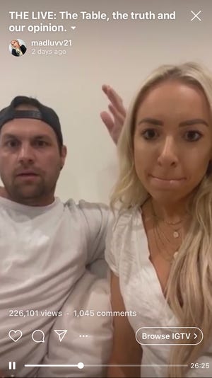 A screencap from Maddie and Justin Thompson's 40-minute Instagram Live video posted on July 10. The couple reveals that they bought a desk that cost at least $17,000 from Wayfair to see whether they would receive "grooming calls" from the company amid a viral conspiracy theory that the website is used to traffic children.
