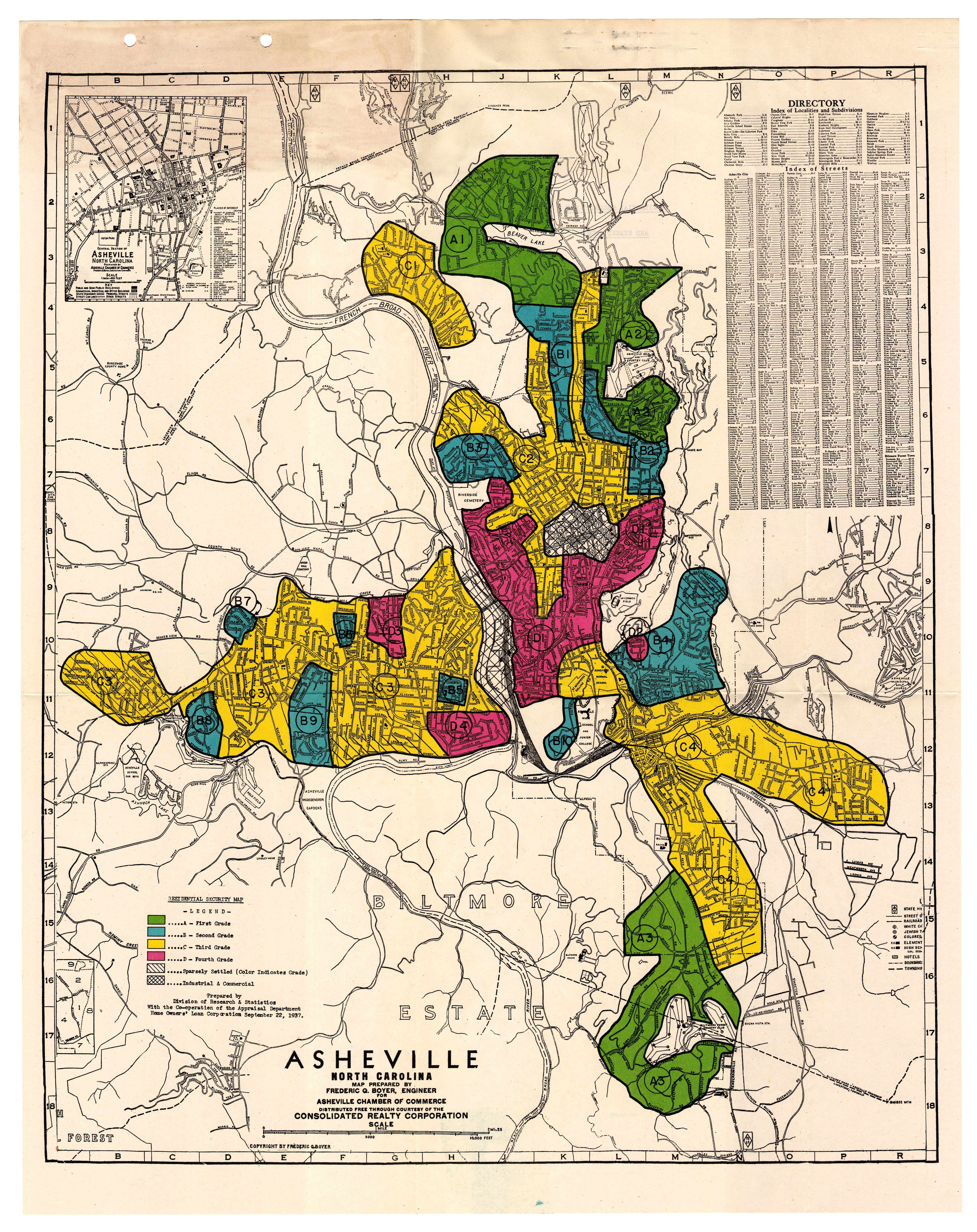 A 1937 "redlining" map by the Home Owners' Loan Corporation that designated Black Asheville neighborhoods as "hazardous."