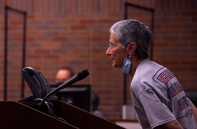 Sally Herron addresses the Evansville City Council concerning her displeasure of the proposed mask ordinance at the Civic Center Monday evening, July 13, 2020.