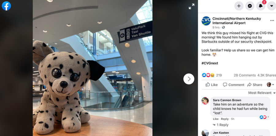 Cincinnati/Northern Kentucky International Airport helped find the owner of this lost toy.