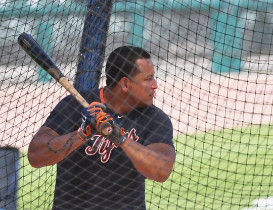 Miguel Cabrera takes batting practice at Detroit Tigers Summer Camp at Comerica Park on Wednesday.