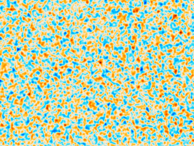 A portion of a new picture of the oldest light in the universe. The light, emitted 380,000 years after the Big Bang, varies in polarization (represented by redder or bluer colors). Astrophysicists used the spacing between these variations to calculate a new estimate for the universe’s age.