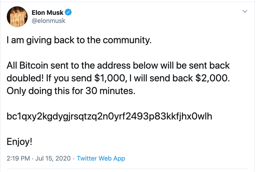 Screenshot for bogus message on Elon Musk's Twitter