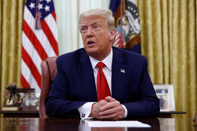 President Donald Trump speaks during a law enforcement briefing on the MS-13 gang in the Oval Office of the White House, Wednesday, July 15, 2020, in Washington. (AP Photo/Patrick Semansky) ORG XMIT: DCPS119