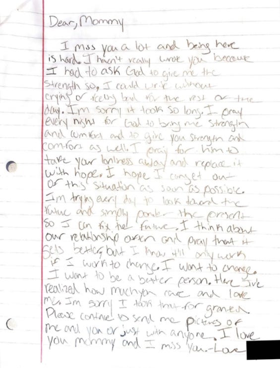 A letter from Grace to her mother. Name redacted by ProPublica. (Obtained by ProPublica)