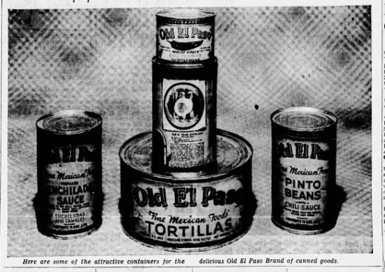 Nov. 20, 1941: Here are some of the attractive containers for the delicious Old El Paso brand of canned goods.