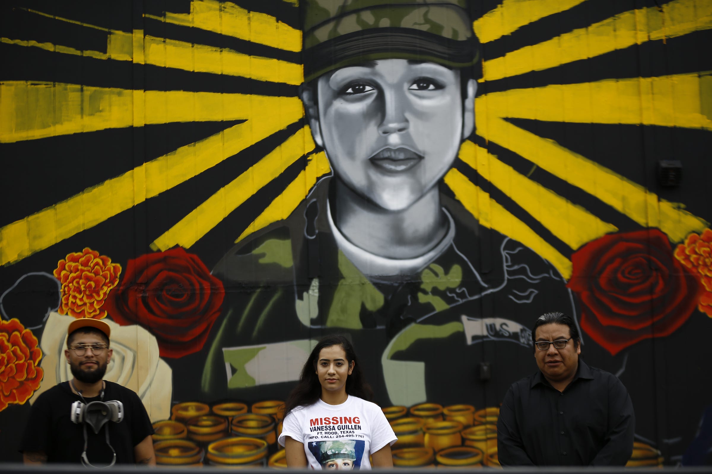 Muralist Freddy Diaz of Detroit creates a mural for Vanessa Guillen, the army soldier who went missing from Fort Hood, in Central Texas on April 22, 2020. With the help of Yahaira Gomez of Detroit who raised funds for the mural and Gabriel Martinez, the owner of Bodega Cat who allowed the mural to be painted on his building, the mural will be unveiled on Saturday.