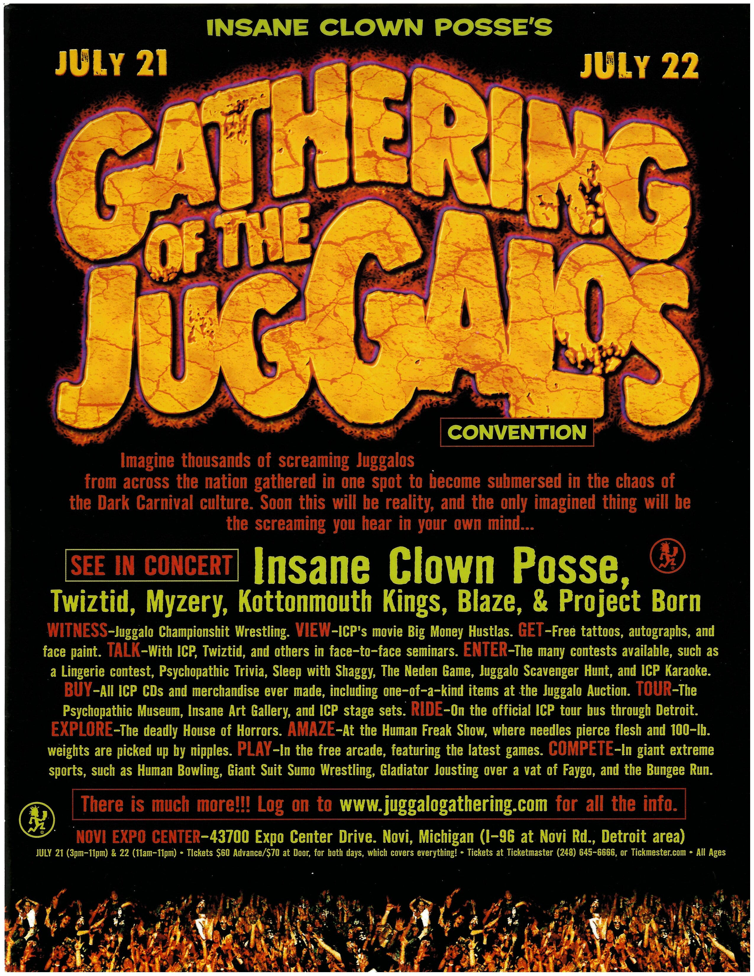 Flyer for the first Gathering of the Juggalos convention at the Novi Expo Center, July 21st and 22nd, 2000.