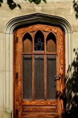 A detailed look at the front door of the historical Potter House on Friday, July 17, 2020, in Lansing.