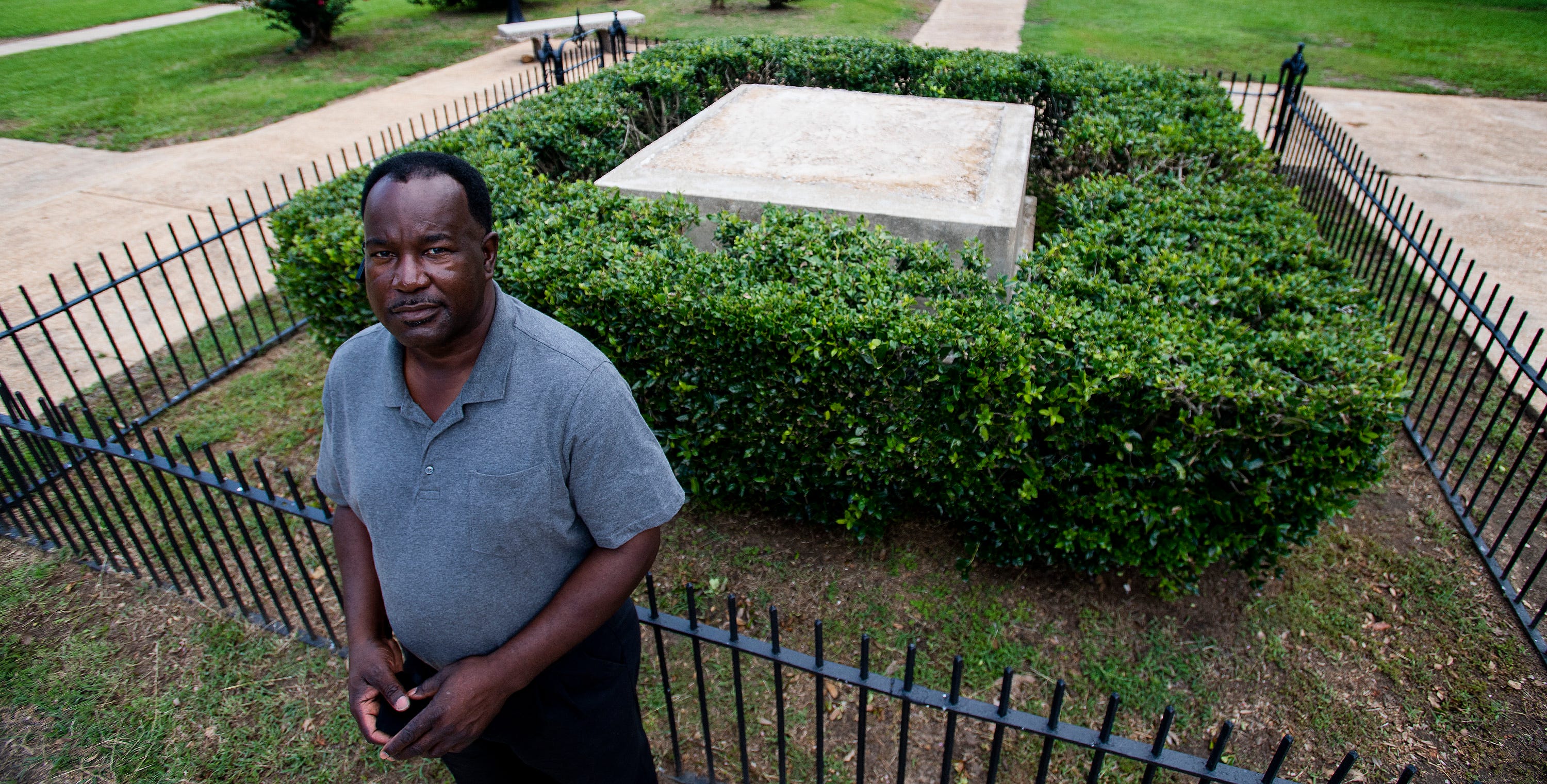 Lowndes County Commissioner Robert Harris stands near the spot where a Confederate monument once stood in Hayneville, Ala., on July 17, 2020. In June, the county commission unanimously voted to remove the monument, erected sometime before 1940.