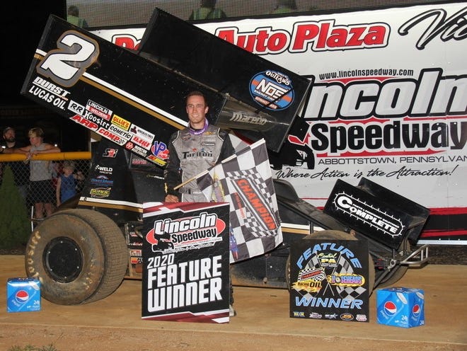 Carson Macedo is shown after winning Saturday's Outlaw Tune-Up at Lincoln Speedway. He earned $10,000 for the victory.