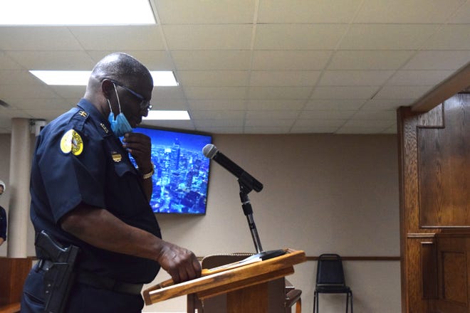 Opelousas Police Chief Martin McLendon addresses the Opelousas Board of Alderman during a special meeting about the termination of Sgt. Tyron Andrepont on July 20, 2020.