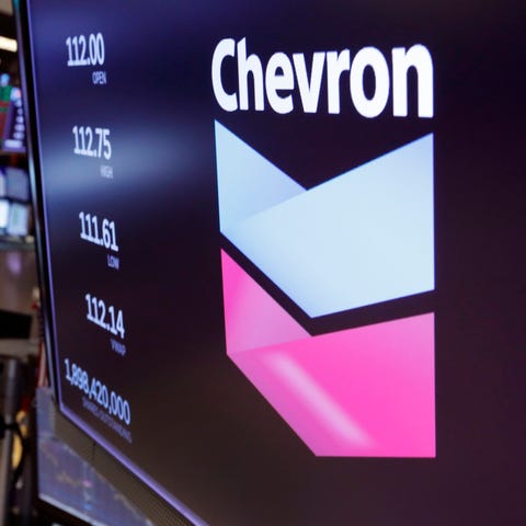 This Oct. 8, 2019, file photo the logo for Chevron
