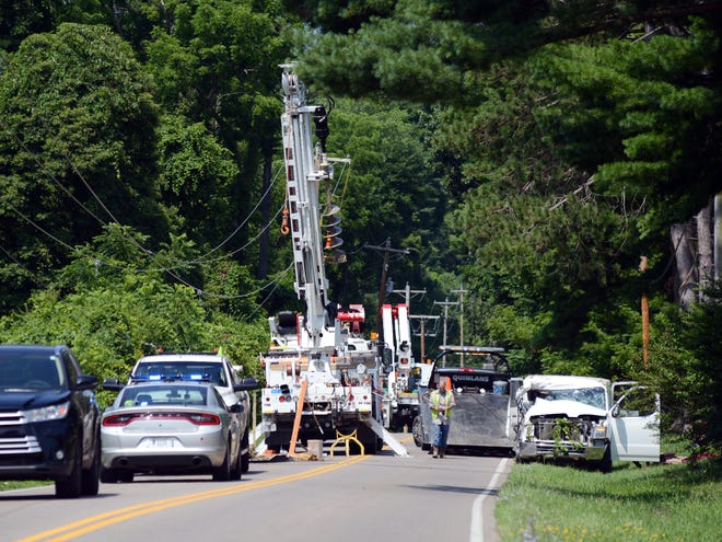 A one-car crash Tuesday morning on Military Road sent a Columbus man to Genesis Hospital and knocked out power in part of Zanesville, according to Ptl. Todd Archer of the Ohio State Highway Patrol.